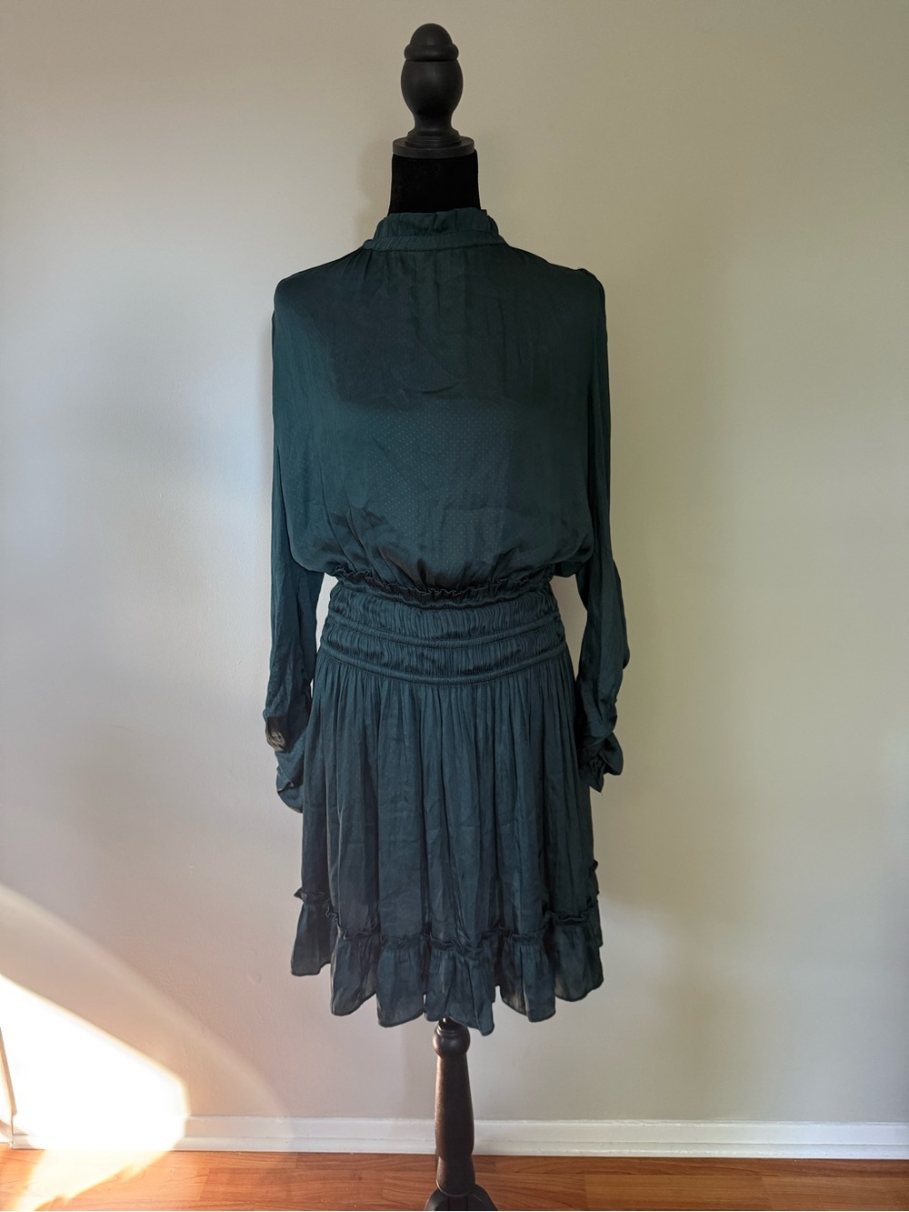 Current Air Teal Long-Sleeve Smocked Waist Ruffled Dress